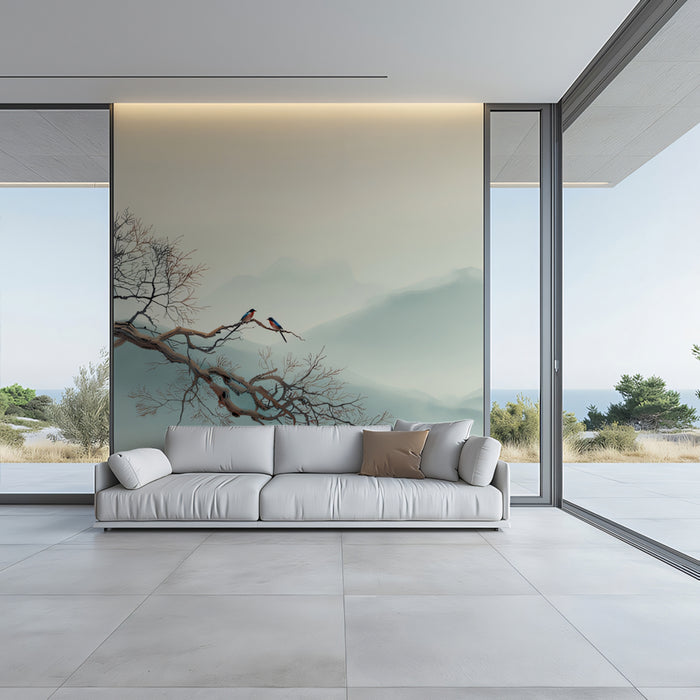 Zen Chinese Landscape Mural Wallpaper | Minimalist Birds & Misty Mountains