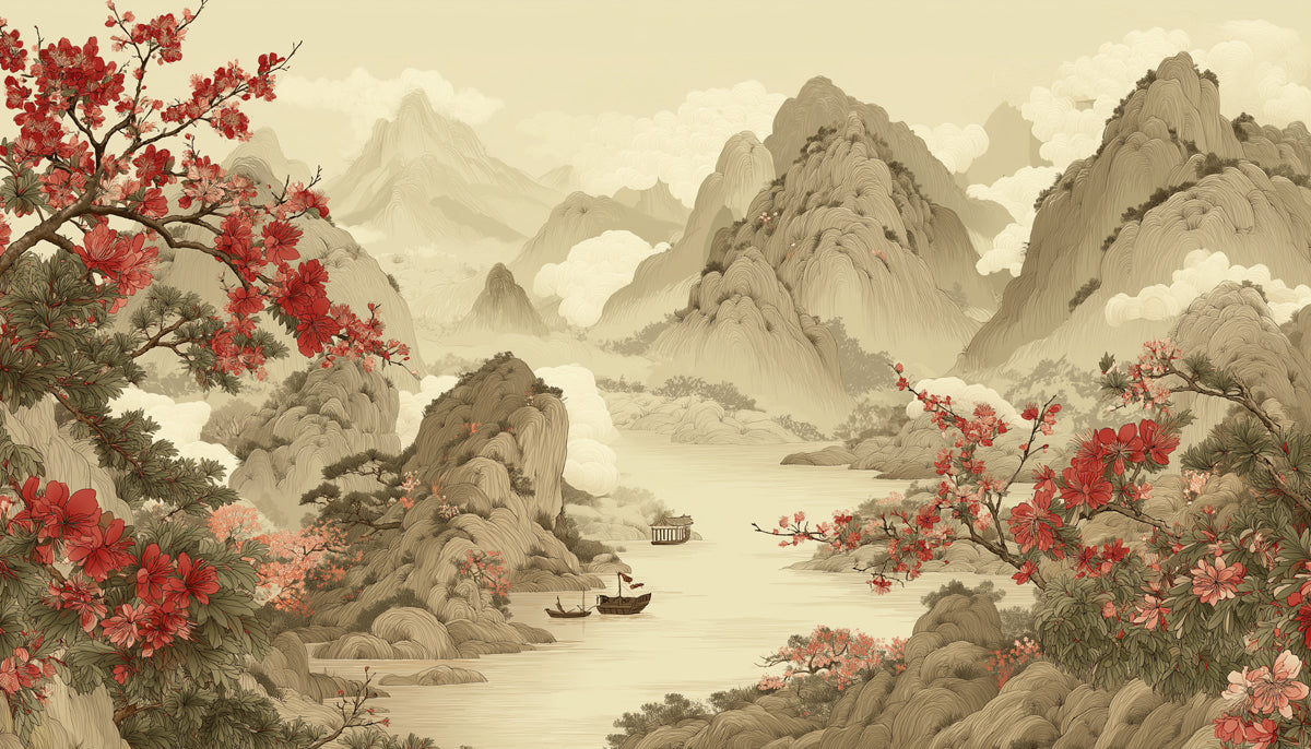 Grand Chinese Landscape Mural Wallpaper | Red Blossoms & Misty Mountains