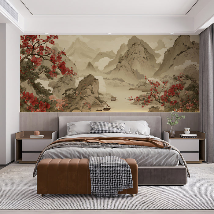 Grand Chinese Landscape Mural Wallpaper | Red Blossoms & Misty Mountains