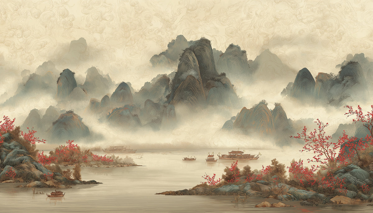 Misty Chinese Landscape Mural Wallpaper | Oriental Scenery with Boats & Foliage