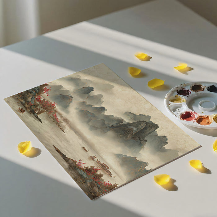 Misty Chinese Landscape Mural Wallpaper | Oriental Scenery with Boats & Foliage