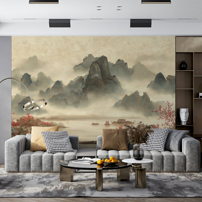 Misty Chinese Landscape Mural Wallpaper | Oriental Scenery with Boats & Foliage