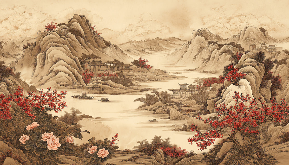 Vintage Chinese Landscape Mural Wallpaper | Elegant River Scene with Villages