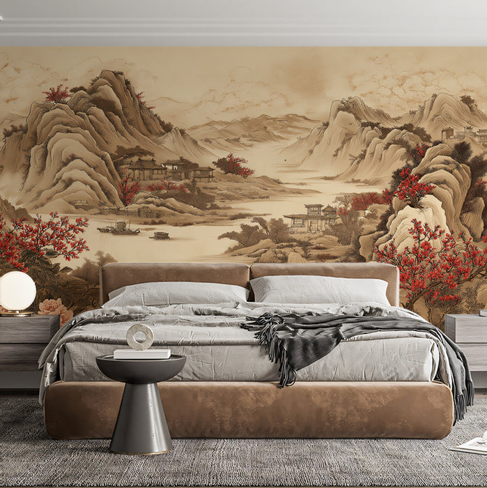 Vintage Chinese Landscape Mural Wallpaper | Elegant River Scene with Villages