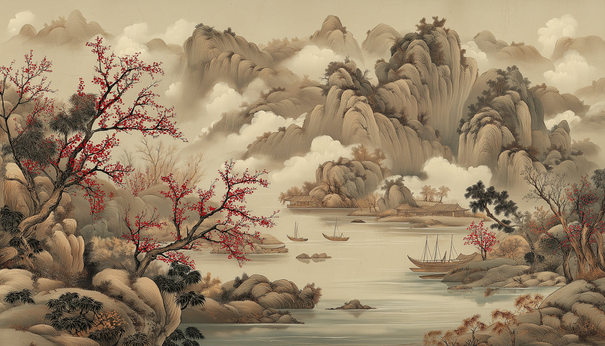 Chinese Landscape Mural Wallpaper | Red Plum Blossoms & Misty Mountains