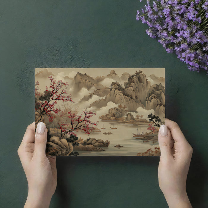 Chinese Landscape Mural Wallpaper | Red Plum Blossoms & Misty Mountains