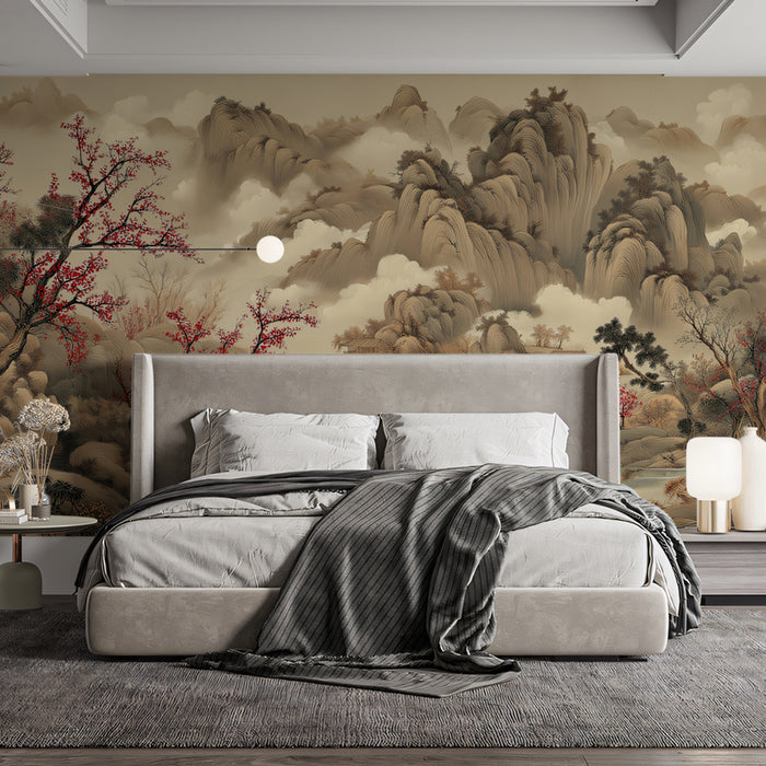 Chinese Landscape Mural Wallpaper | Red Plum Blossoms & Misty Mountains