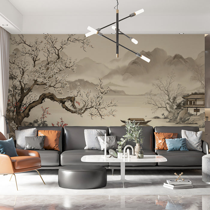 Vintage Blossom Tree Mural Wallpaper | Oriental Landscape with White Flowers