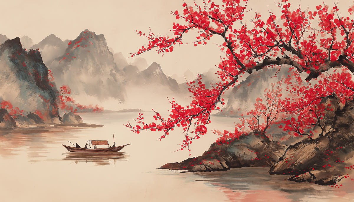 Red Plum Blossom Mural Wallpaper | Traditional Chinese Landscape with Boat