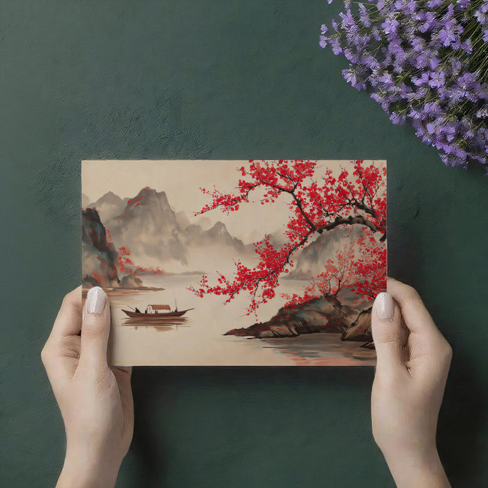 Red Plum Blossom Mural Wallpaper | Traditional Chinese Landscape with Boat