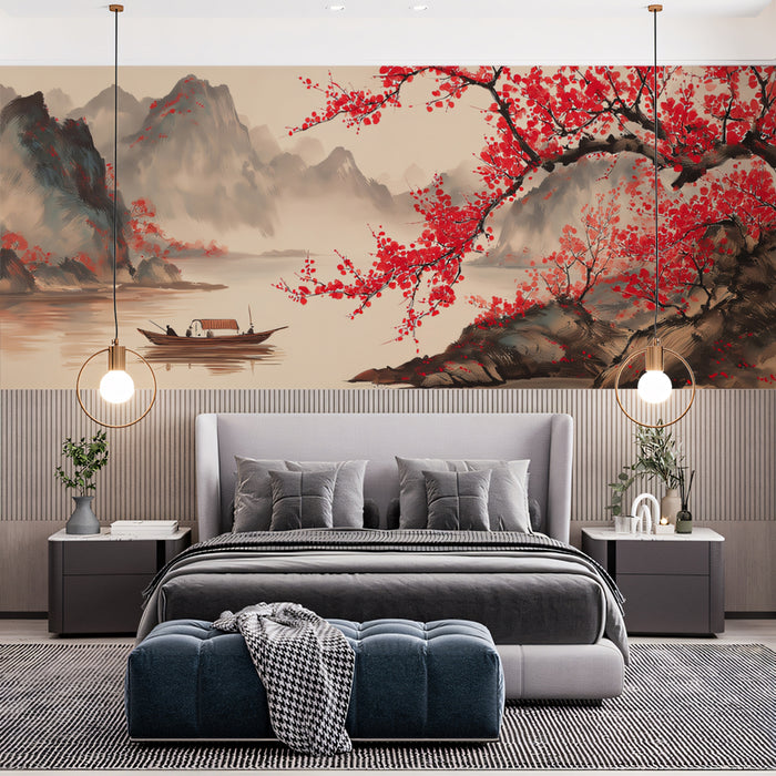 Red Plum Blossom Mural Wallpaper | Traditional Chinese Landscape with Boat