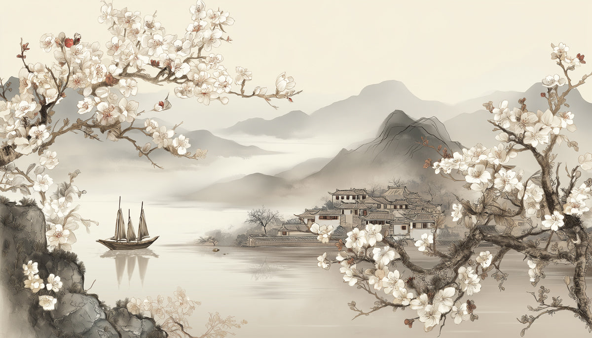 Chinese Plum Blossom Mural Wallpaper | Minimalist Oriental Landscape