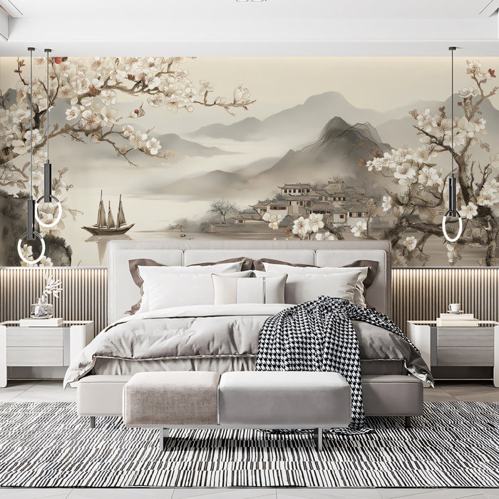 Chinese Plum Blossom Mural Wallpaper | Minimalist Oriental Landscape