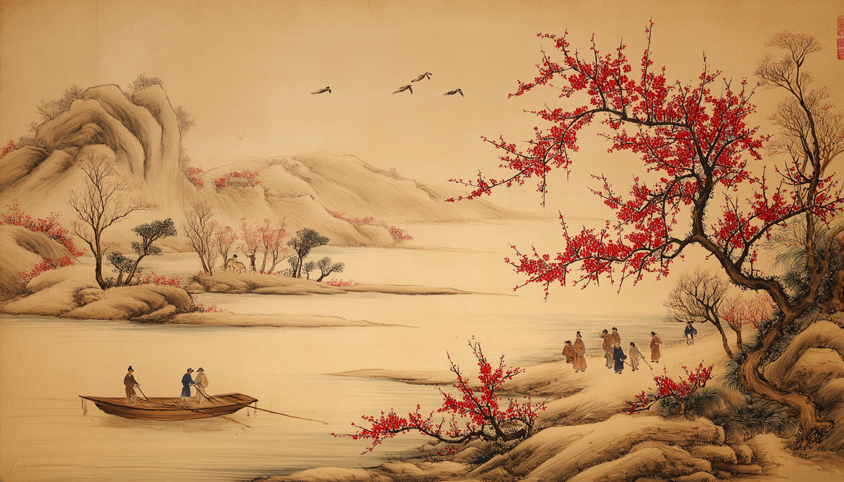 Traditional Chinese Art Mural Wallpaper | Red Plum Blossoms & River Scene