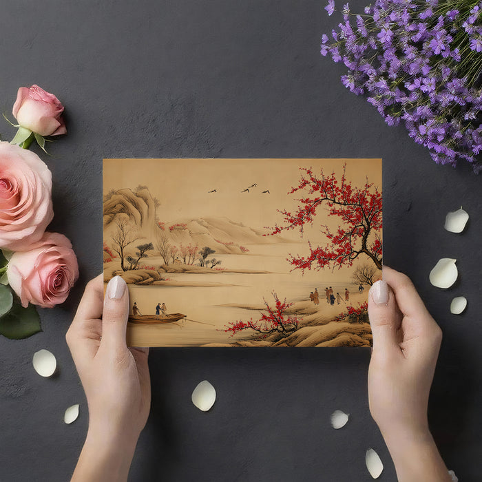 Traditional Chinese Art Mural Wallpaper | Red Plum Blossoms & River Scene