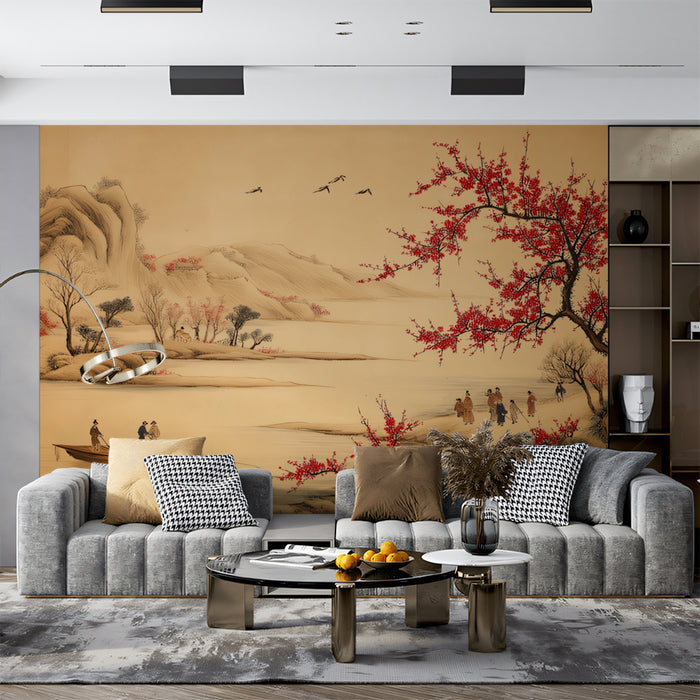 Traditional Chinese Art Mural Wallpaper | Red Plum Blossoms & River Scene
