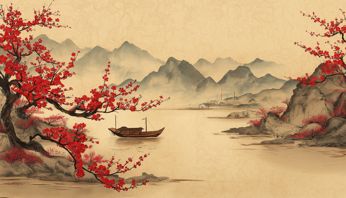 Chinese Landscape Mural Wallpaper | Red Plum Blossoms & River Scene