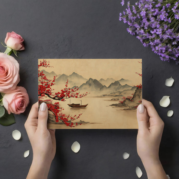 Chinese Landscape Mural Wallpaper | Red Plum Blossoms & River Scene