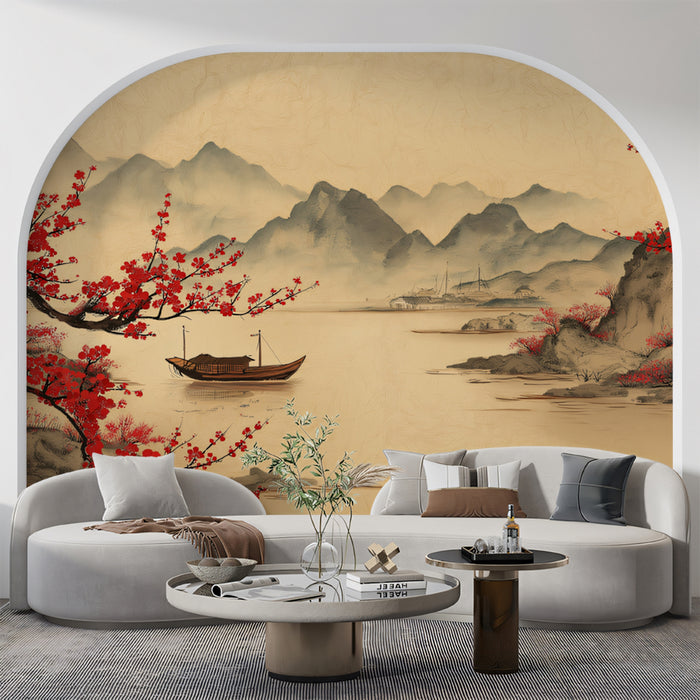 Chinese Landscape Mural Wallpaper | Red Plum Blossoms & River Scene