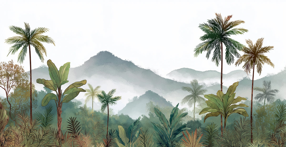 Tropical Palm Tree Mural Wallpaper | Exotic Landscape with Misty Mountains