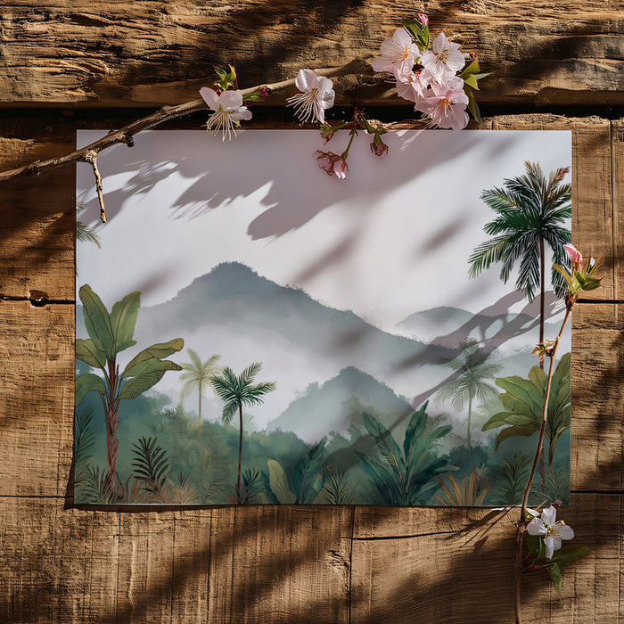 Tropical Palm Tree Mural Wallpaper | Exotic Landscape with Misty Mountains
