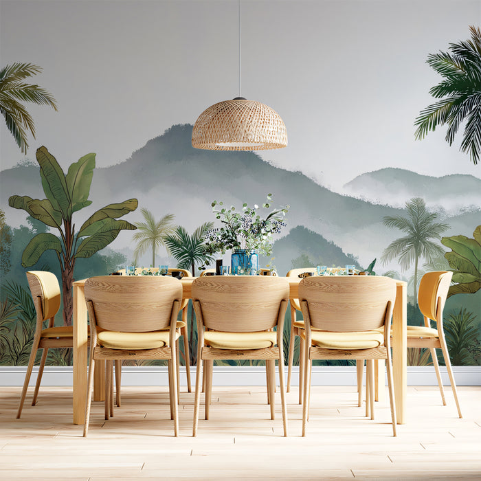Tropical Palm Tree Mural Wallpaper | Exotic Landscape with Misty Mountains