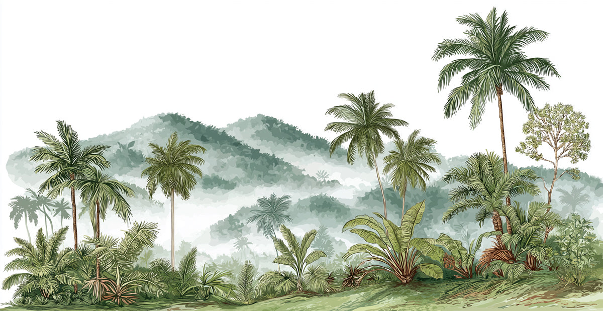 Tropical Forest Mural Wallpaper | Lush Greenery with Misty Mountains