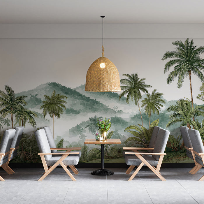 Tropical Forest Mural Wallpaper | Lush Greenery with Misty Mountains