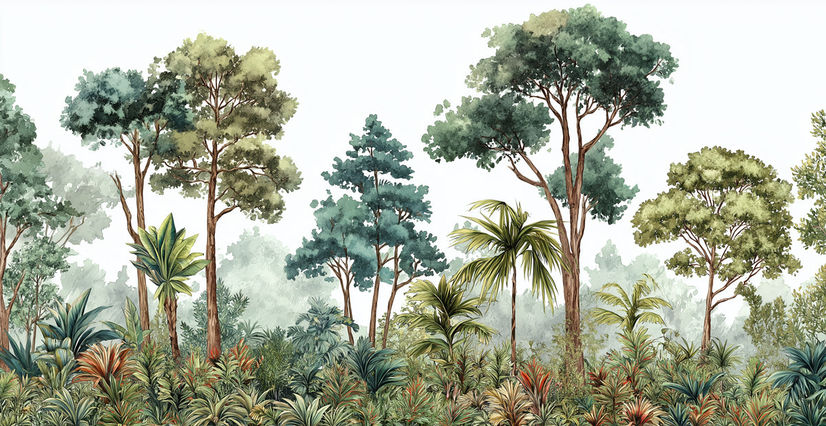 Modern Tropical Forest Mural Wallpaper | Stylized Greenery with Misty Background