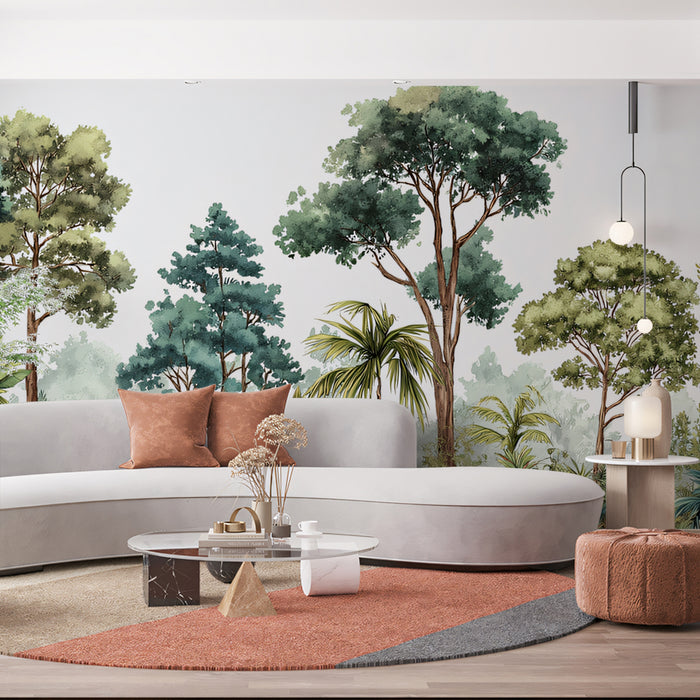 Modern Tropical Forest Mural Wallpaper | Stylized Greenery with Misty Background
