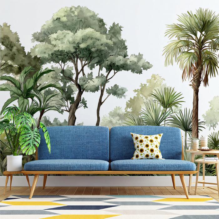 Tropical Botanical Mural Wallpaper | Lush Greenery & Palm Trees