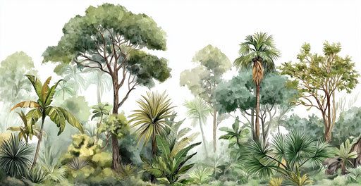 Illustration of a tropical forest with various trees and plants.