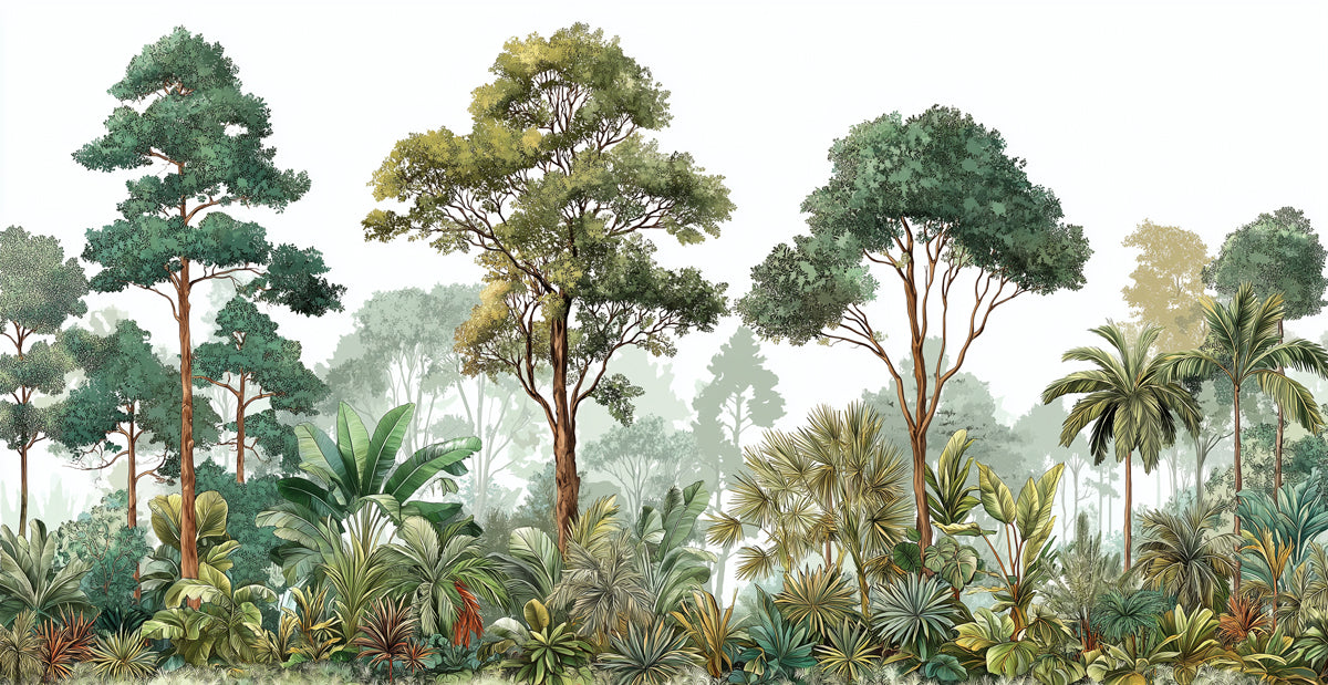 Tropical Jungle Mural Wallpaper | Diverse Greenery with Palm Trees