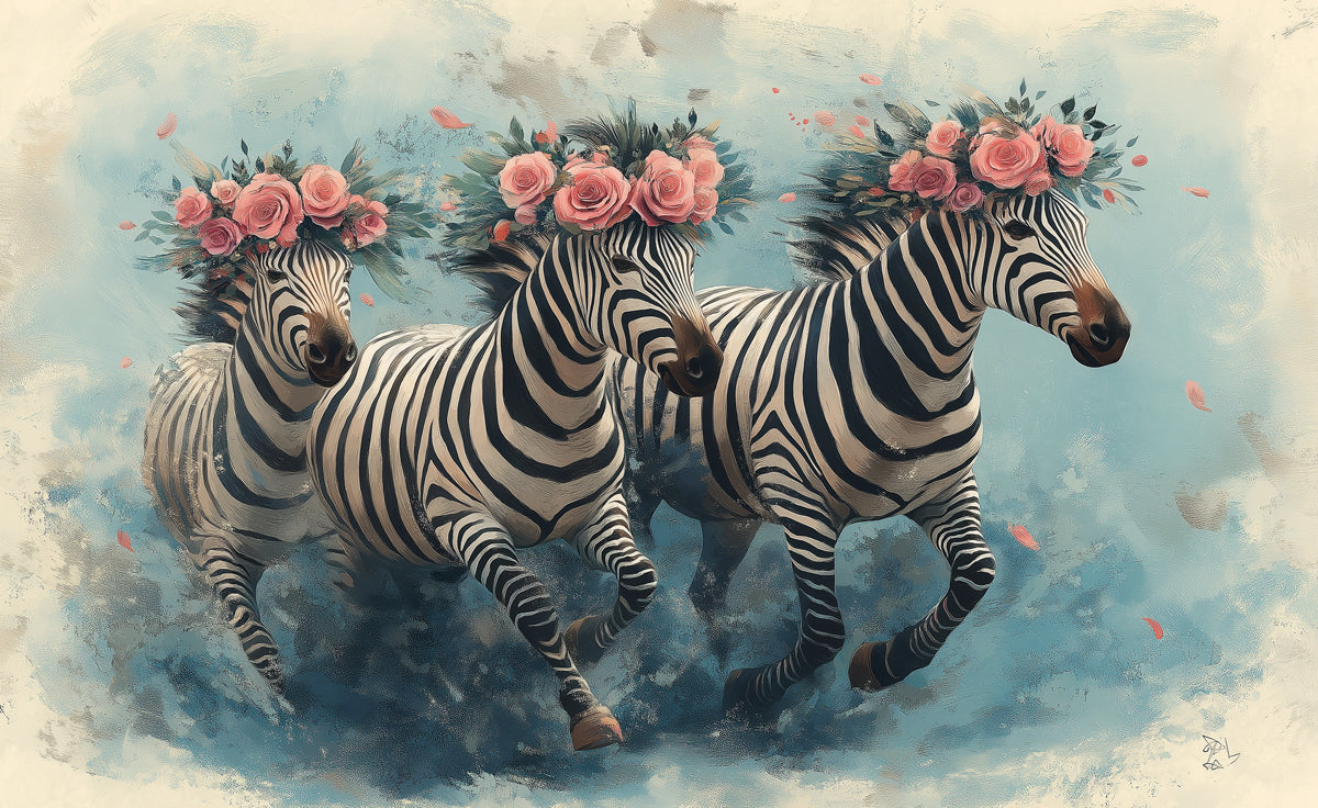 Zebra with Flowers Mural Wallpaper in Living Room | Black, White, Pink, and Various Colors of Zebra -1