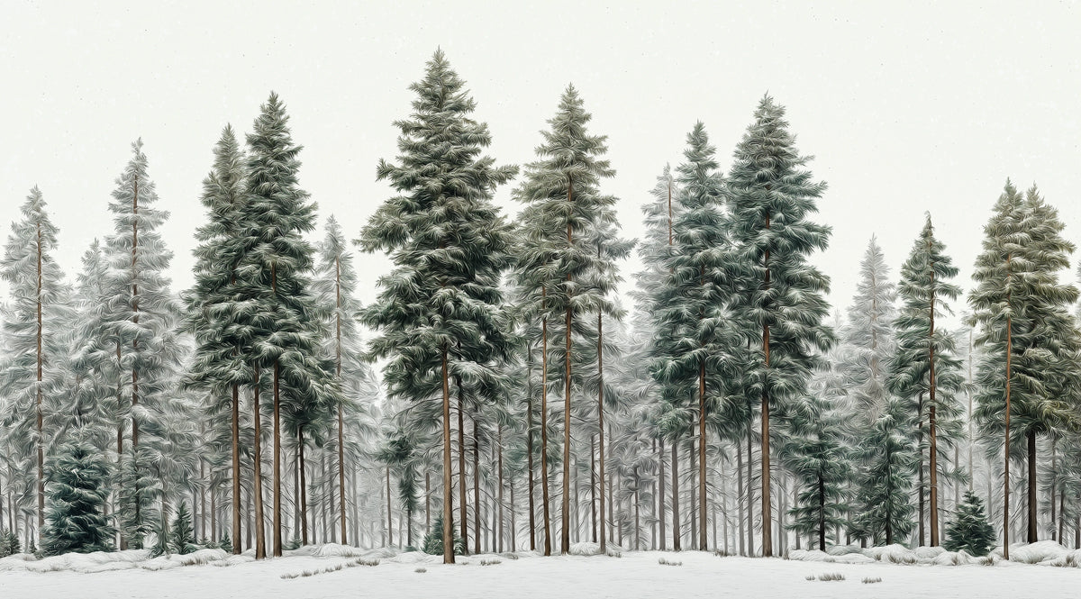 Snowy Forest Mural Wallpaper | Serene Pine Trees in a Winter Landscape