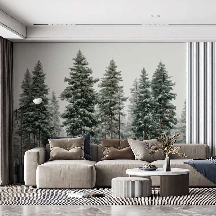 Snowy Forest Mural Wallpaper | Serene Pine Trees in a Winter Landscape