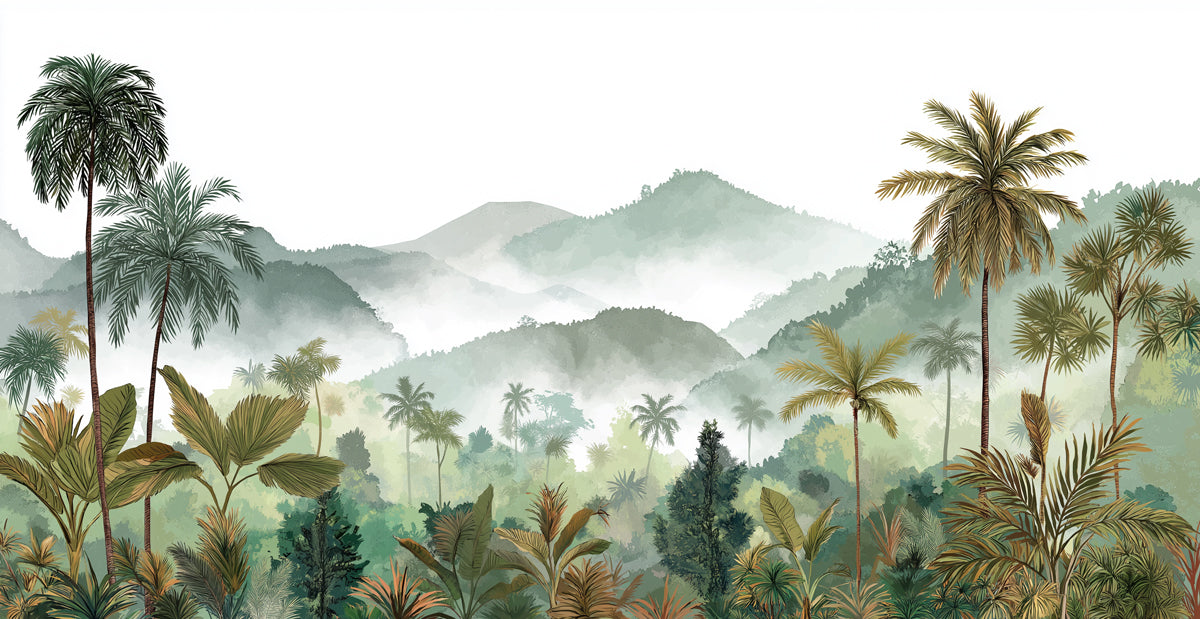 Tropical Jungle Mural Wallpaper | Lush Greenery with Misty Mountains