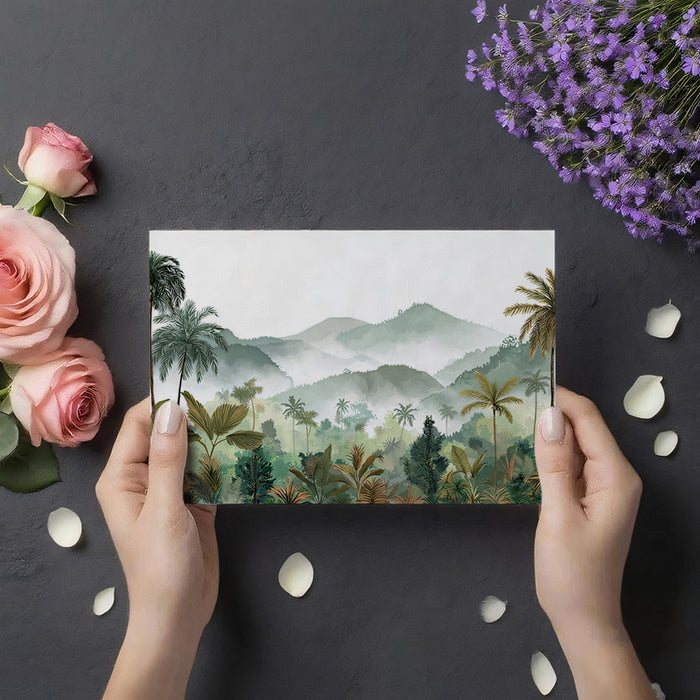 Tropical Jungle Mural Wallpaper | Lush Greenery with Misty Mountains