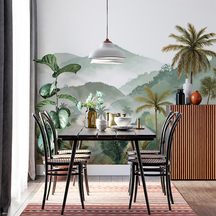Tropical Jungle Mural Wallpaper | Lush Greenery with Misty Mountains