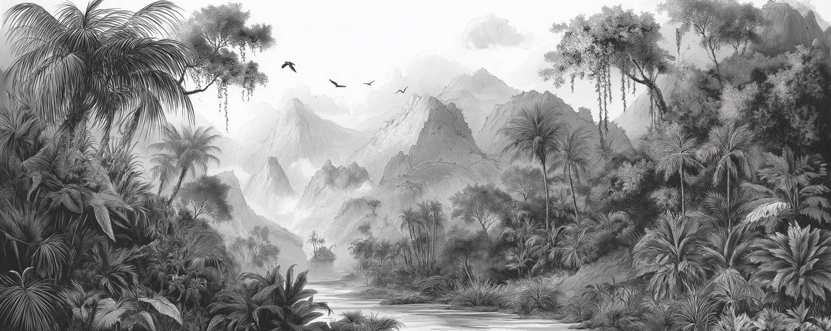 Monochrome Tropical Mural Wallpaper | Dramatic Jungle with Mountains