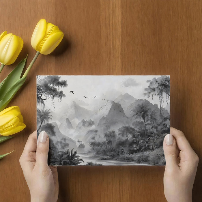 Monochrome Tropical Mural Wallpaper | Dramatic Jungle with Mountains