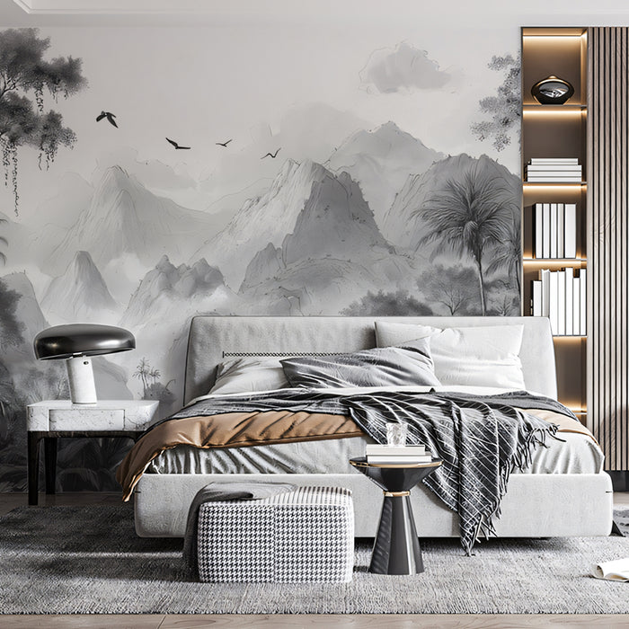 Monochrome Tropical Mural Wallpaper | Dramatic Jungle with Mountains