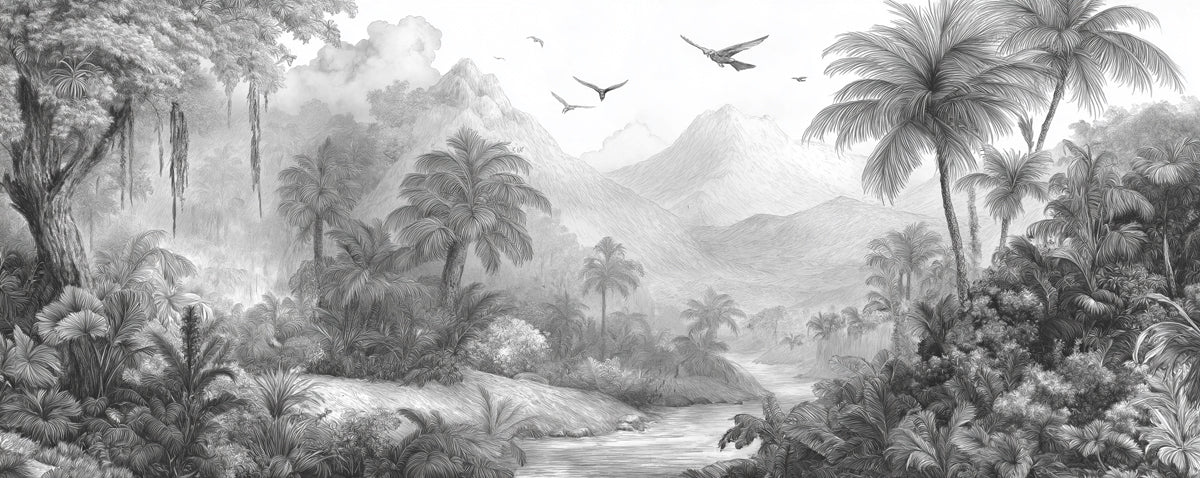 Monochrome Tropical Landscape Mural Wallpaper | Minimalist Jungle with River