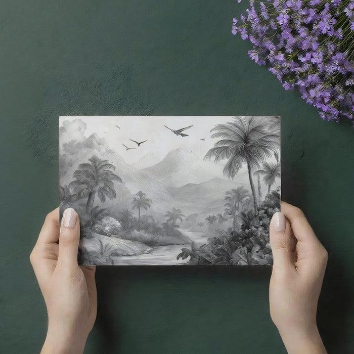 Monochrome Tropical Landscape Mural Wallpaper | Minimalist Jungle with River