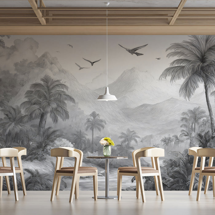 Monochrome Tropical Landscape Mural Wallpaper | Minimalist Jungle with River