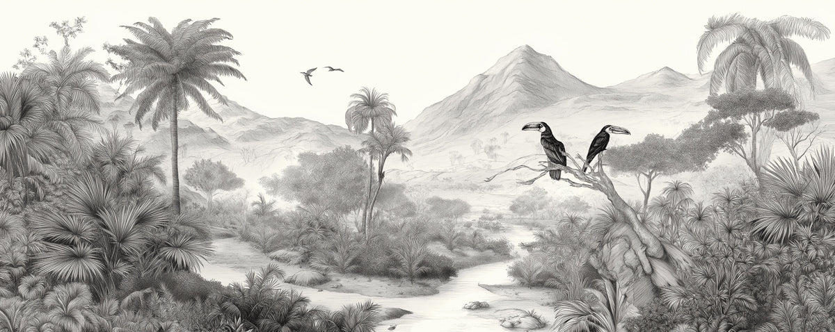 Monochrome Jungle Mural Wallpaper | Hand-Drawn Toucans & Palm Trees