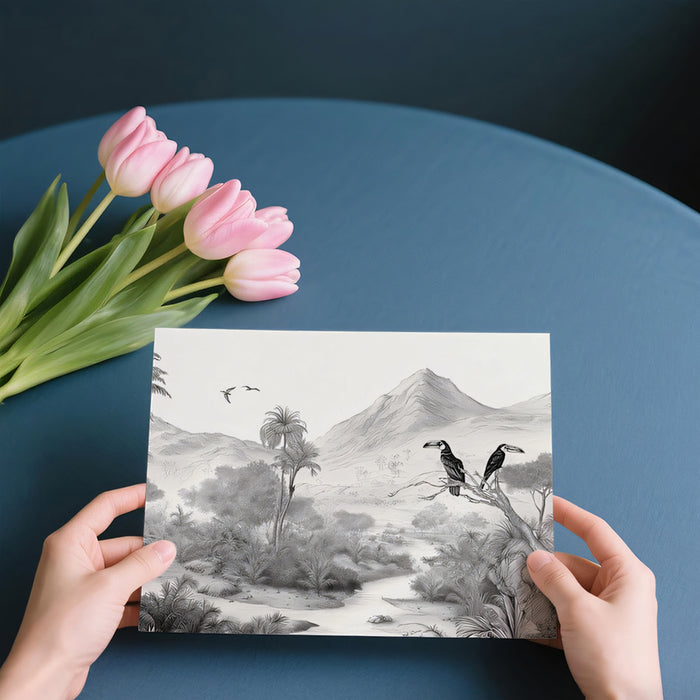 Monochrome Jungle Mural Wallpaper | Hand-Drawn Toucans & Palm Trees