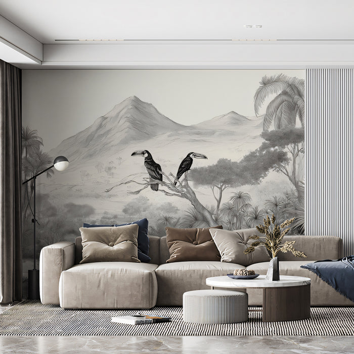 Monochrome Jungle Mural Wallpaper | Hand-Drawn Toucans & Palm Trees