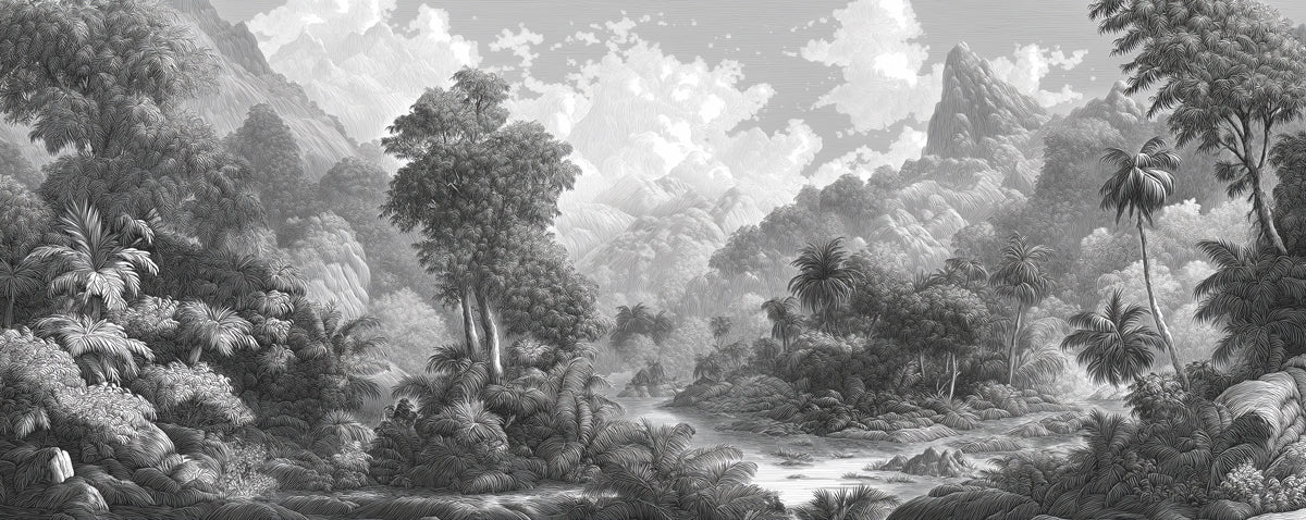 Monochrome Tropical Jungle Mural Wallpaper | Intricate Landscape with Mountains