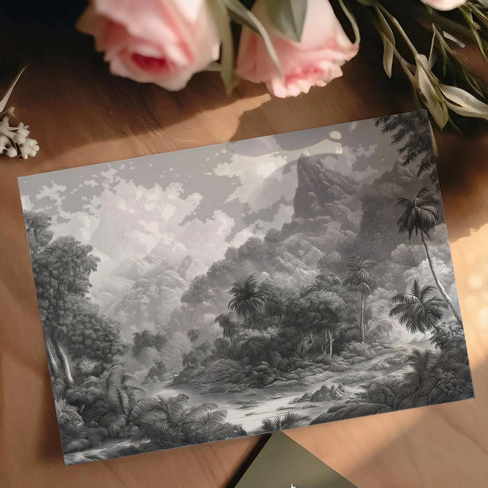 Monochrome Tropical Jungle Mural Wallpaper | Intricate Landscape with Mountains